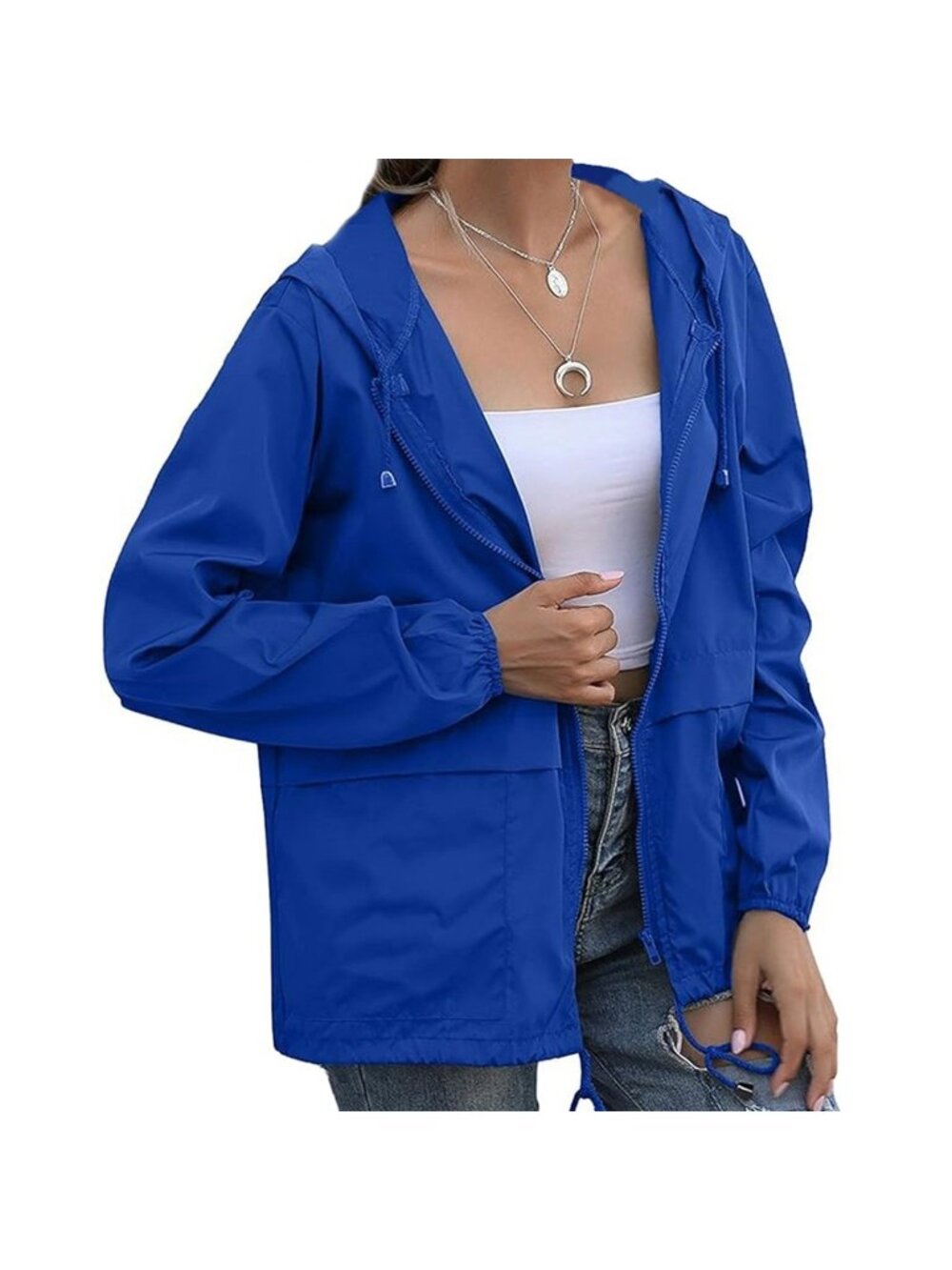 Women's Waterproof Raincoat Jacket Hooded Windbreaker Pockets Blue XL